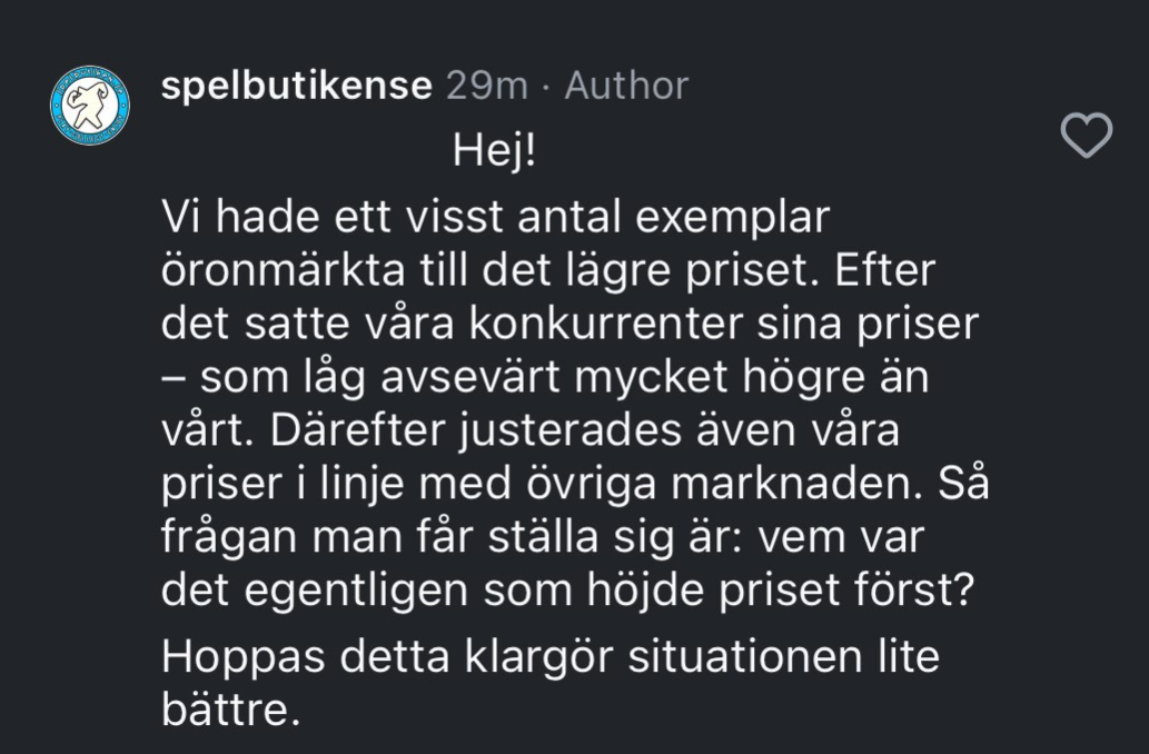 Förklaring om prishöjning från Spelbutiken